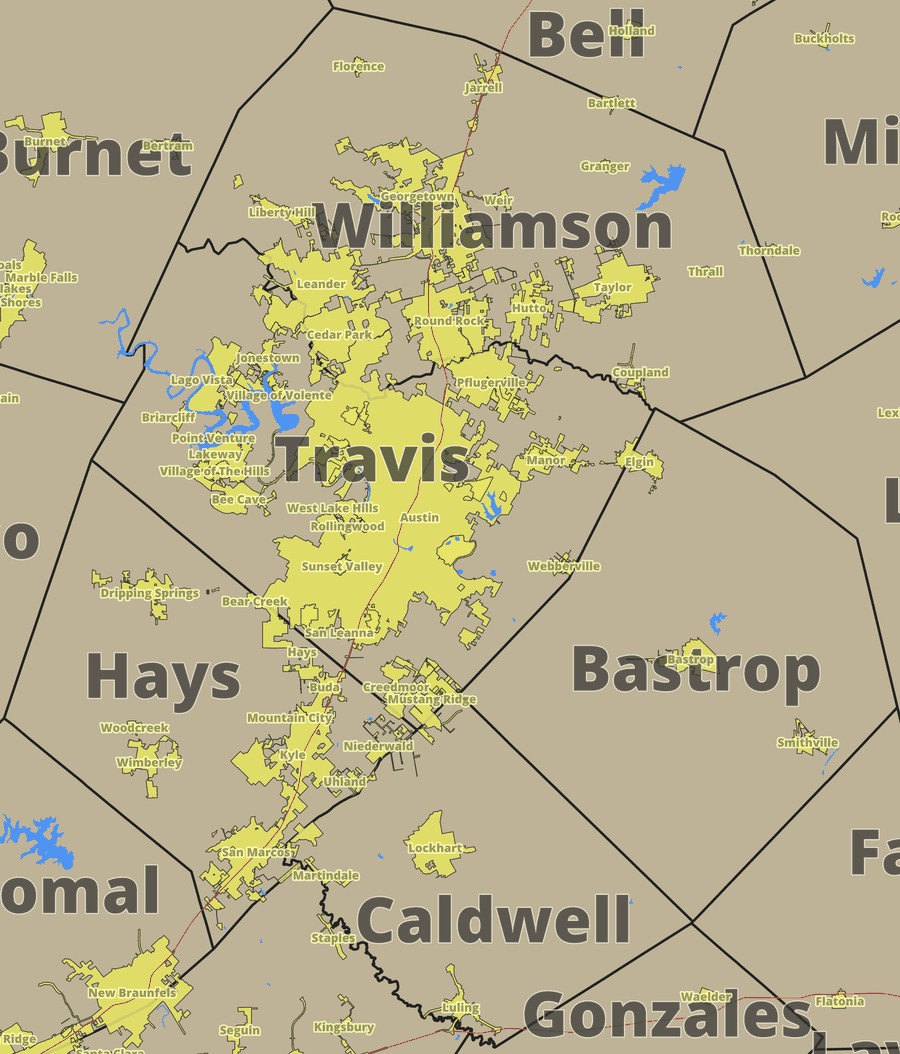 Map of the Greater Austin area showing county lines: Travis, Williamson, Hays, Bastrop, and Caldwell.